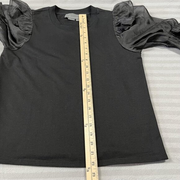 by Anthropologie Shirt Womens Medium Black Puff Sleeve Mixed Media Ruched Satin - Picture 6 of 7